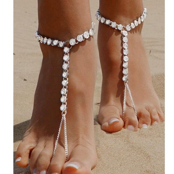 Silver and White Diamond Austrian Crystal Anklet Foot Chains - Set of 2 - Picture 3 of 6